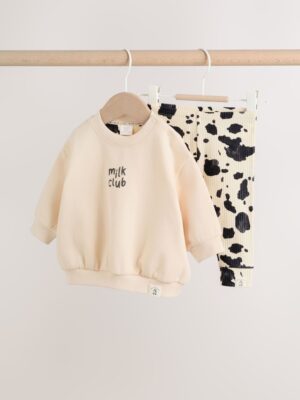 Neutral/Cow Milk Club Printed Sweat and Leggings Baby Set