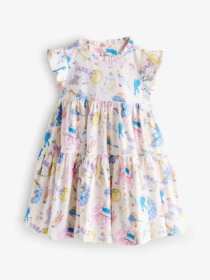 Cream/Blue Tiered Jersey Dress