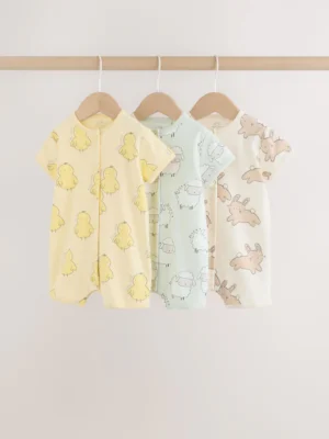 Yellow Spring/Character Button Through Baby Jersey Rompers 3 Pack