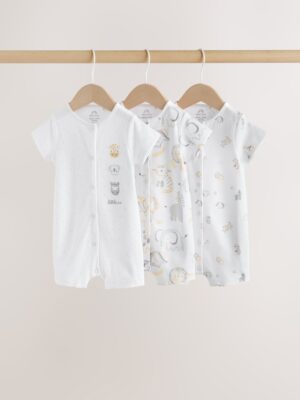 White Safari Animal Embroidered Jersey Baby Rompers 3 Pack