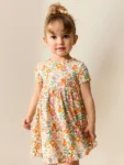 Orange Floral Short Sleeve Ribbed Dress