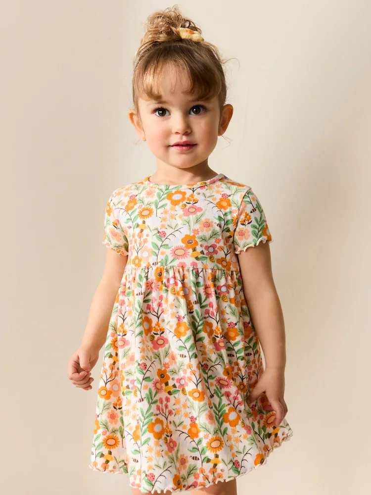 Orange Floral Short Sleeve Ribbed Dress
