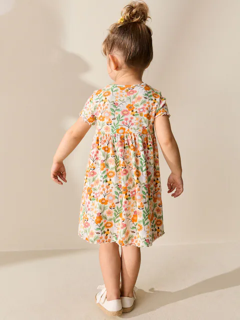 Orange Floral Short Sleeve Ribbed Dress