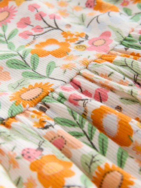 Orange Floral Short Sleeve Ribbed Dress