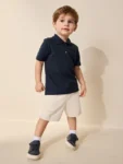 Navy Short Sleeve Textured Polo Shirt and Shorts Set