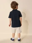 Navy Short Sleeve Textured Polo Shirt and Shorts Set