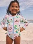 Blue Stripe Vegetable Print Sunsafe Long Sleeve Swimsuit
