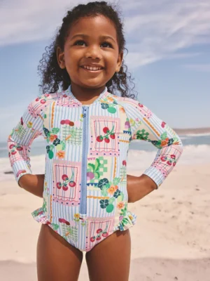 Blue Stripe Vegetable Print Sunsafe Long Sleeve Swimsuit