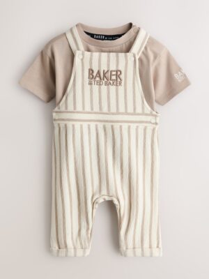 Baker by Ted Baker Stone Striped Dungaree and Short Sleeve T-Shirt Set