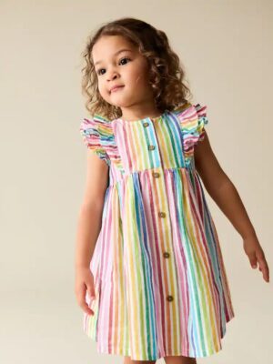 Rainbow Stripe Double Ruffle Sleeve Dress