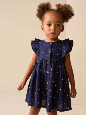 Navy Spot Double Ruffle Sleeve Dress