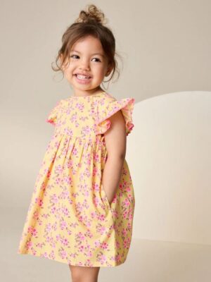 Yellow Ditsy Ric Rac Frill Sleeve Dress