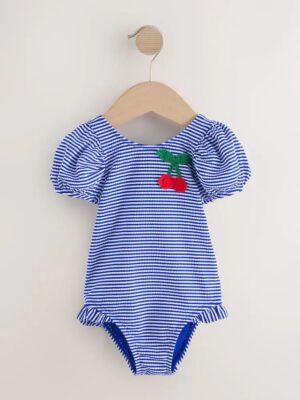 Navy Blue Cherry Stripe Puff Sleeve Swimsuit