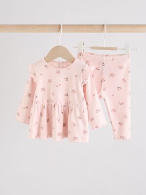 Pink Ditsy Baby Long Sleeve Frill Top And Leggings Set