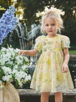 Yellow Floral Print Flower Corsage Dress