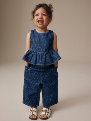 Dark Blue Floral Printed Denim Top and Trousers Set