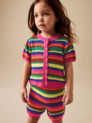 Bright Stripe Knitted Shorts And Cardigan Set