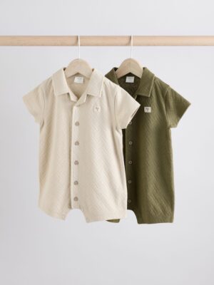 Neutral/Khaki Textured Baby Rompers 2 Pack