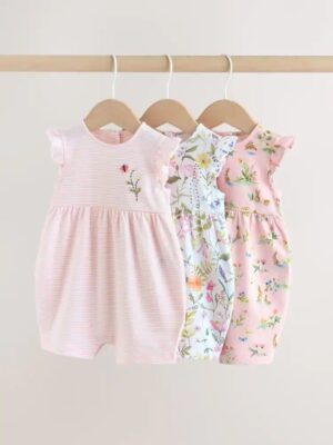 Pink Floral Frill Shoulder Baby Rompers 3 Pack