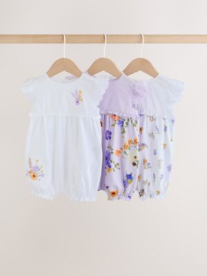 Purple and White Floral Broderie Broderie 3 Pack Baby Rompers