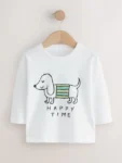 White Happy Time Dog Long Sleeve Graphic Print T-Shirt