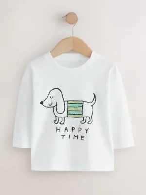 White Happy Time Dog Long Sleeve Graphic Print T-Shirt