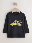 Black Car Long Sleeve Graphic Print T-Shirt