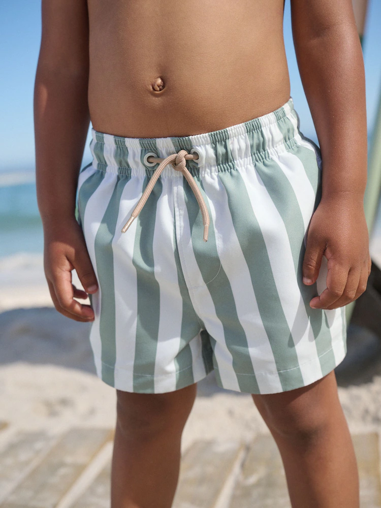 Green and White Stripe Printed Swim Shorts