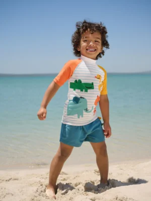White/Red/Yellow Short Sleeve Sunsafe Rash Vest and Swim Shorts Set
