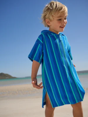 Blue/Green Stripe Towelling Zip Through Cover-Up