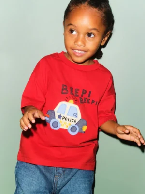 Red Police Car Short Sleeve Appliqué T-Shirt
