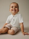 White Short Sleeve Textured Polo Shirt and Shorts Set