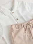 White Short Sleeve Textured Polo Shirt and Shorts Set