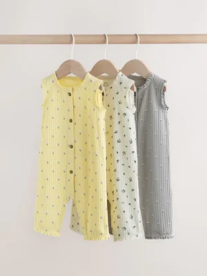 Monochrome Floral Rib Wide Leg Jersey Baby Rompers 3 Pack