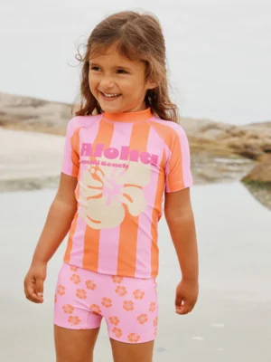 Pink/Orange Stripe Hibiscus Short Sleeved Sunsafe Swim Set