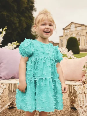 Teal Blue Short Sleeve 3D Flowers Dress