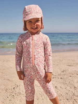 Coral Pink Ditsy Floral Long Leg Sunsafe Swimsuit