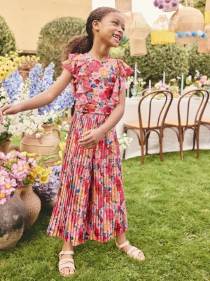 Pink Floral Short Sleeve Pleated Ruffle Jumpsuit