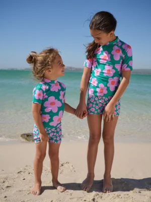 Green Stampy Floal Short Sleeved Sunsafe Swim Set