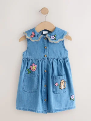 Character Embroidered Collar Denim Dress