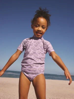 Mauve Purple Ditsy Floral Short Sleeved Frill Sunsafe Set