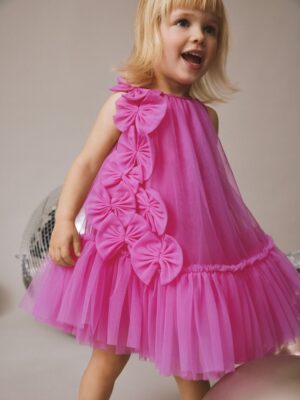 Bright Pink Bows Sleeveless Mesh Dress