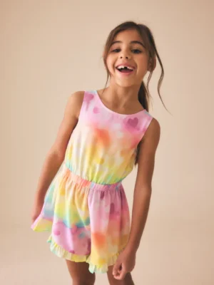 Rainbow Heart Brights Open Back Ruffle Hem Playsuit