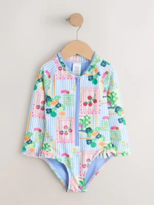 Blue Stripe Vegetable Print Sunsafe Long Sleeve Swimsuit