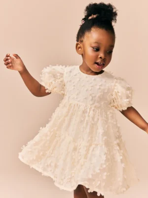 Ecru White Short Sleeve 3D Flowers Dress