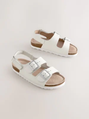 White Leather Standard Fit (F) Touch and Close Corkbed Sandals