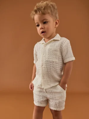 Ecru Texture Plain Revere Collar Short Sleeve Shirt And Shorts Set