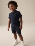 Navy Textured Short Sleeve Polo Shirt And Shorts Set