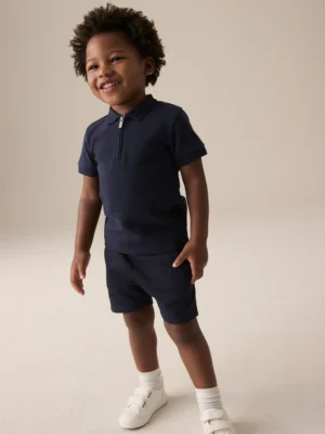 Navy Textured Short Sleeve Polo Shirt And Shorts Set