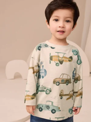 White Transport 100% Cotton Long Sleeve All-Over Print T-Shirt